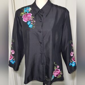 Silkland 100% Silk Embroidered Floral Blouse Women’s XL Black Button Front
